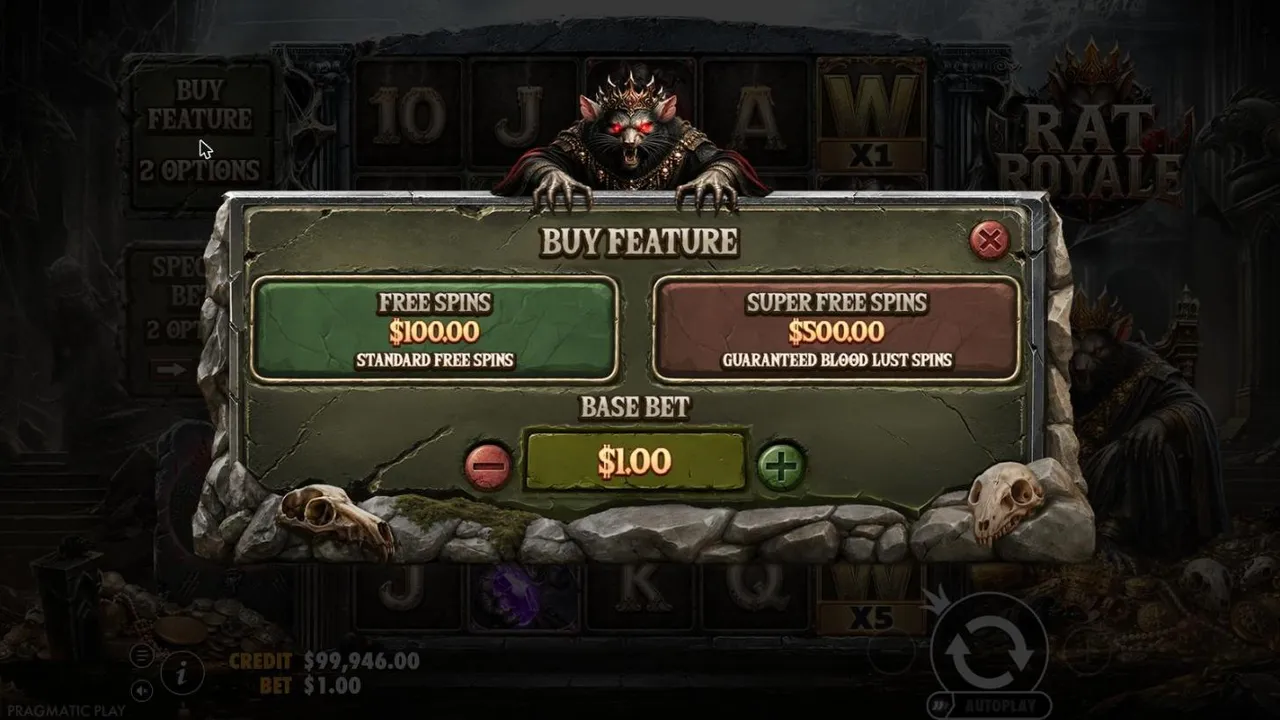 Rat Royale buy menu at a $1 base bet: FREE SPINS $100.00 standard and SUPER FREE SPINS $500.00 with guaranteed Blood Lust spins