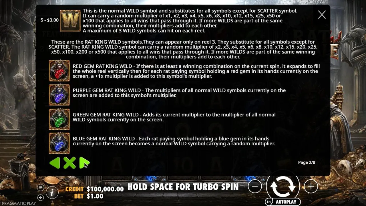 Rat Royale rules page 2: the normal wild with multipliers up to x100 and the red, purple, green and blue gem rat king wilds