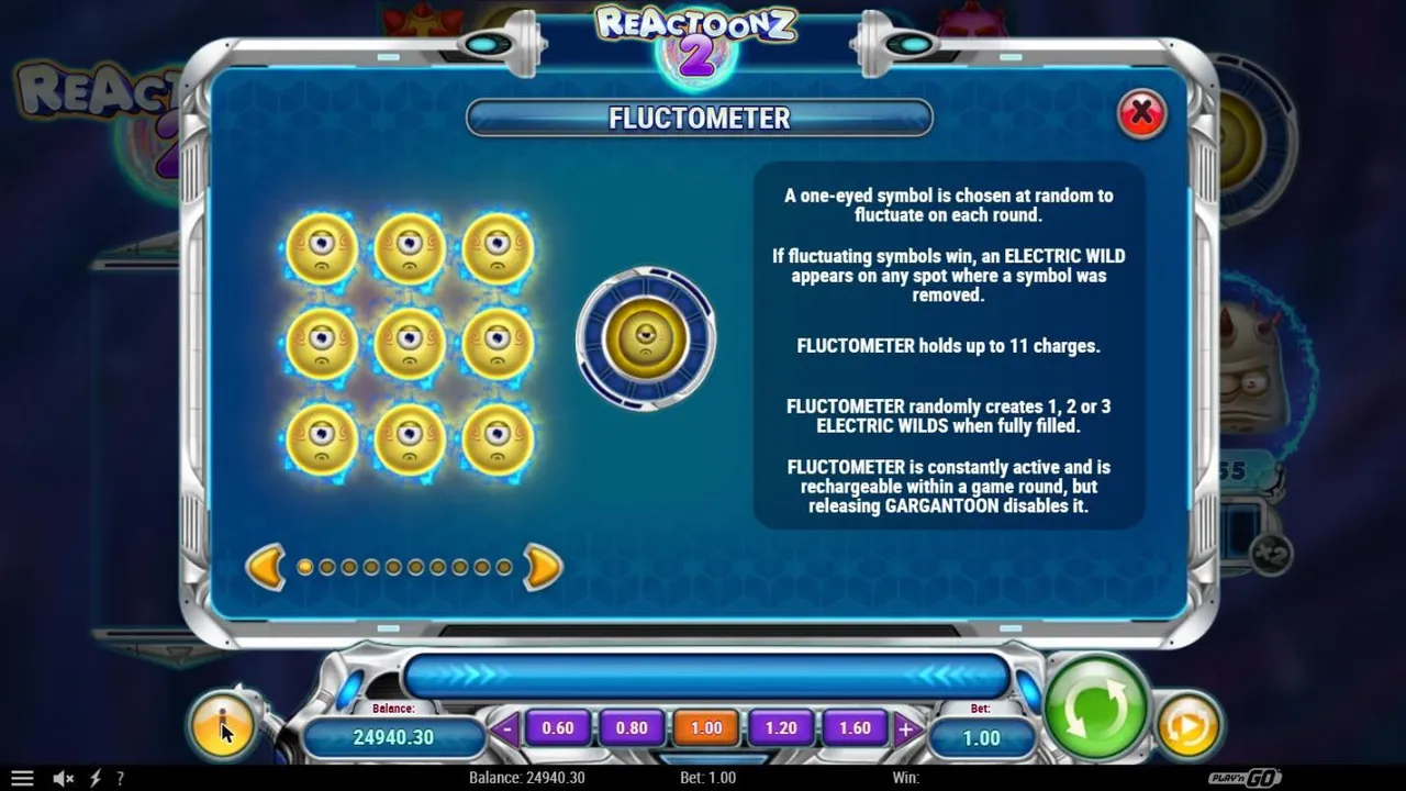 Reactoonz 2 paytable page on the Fluctometer: nine glowing yellow one-eyed aliens beside the meter ring that holds 11 charges