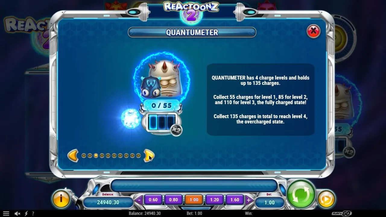 Reactoonz 2 paytable page on the Quantumeter: the Gargantoon and Energoon above a 0 / 55 counter and three charge bars with x2