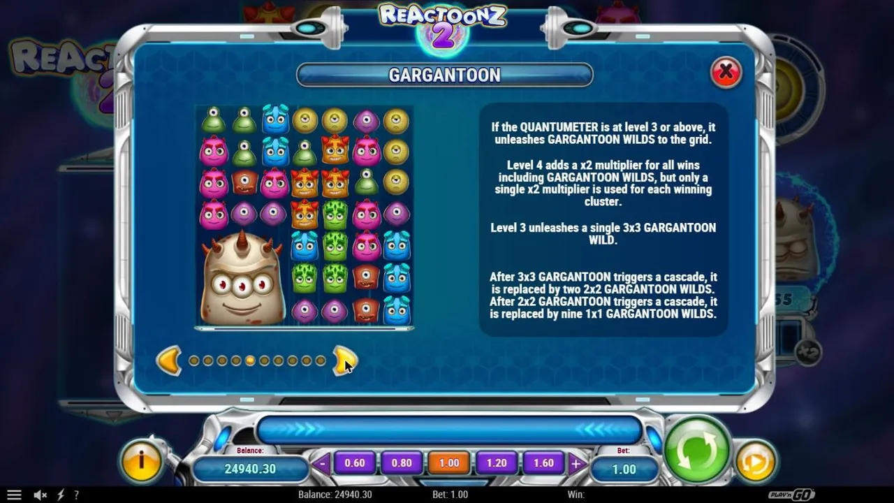Reactoonz 2 paytable page on the Gargantoon: a 3x3 Gargantoon wild in the corner of an alien grid, with the rules for levels 3 and 4