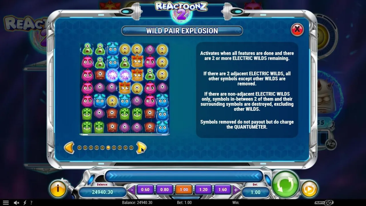 Reactoonz 2 paytable page on the Wild Pair Explosion: two adjacent Electric Wilds on an alien grid, with the removal rules
