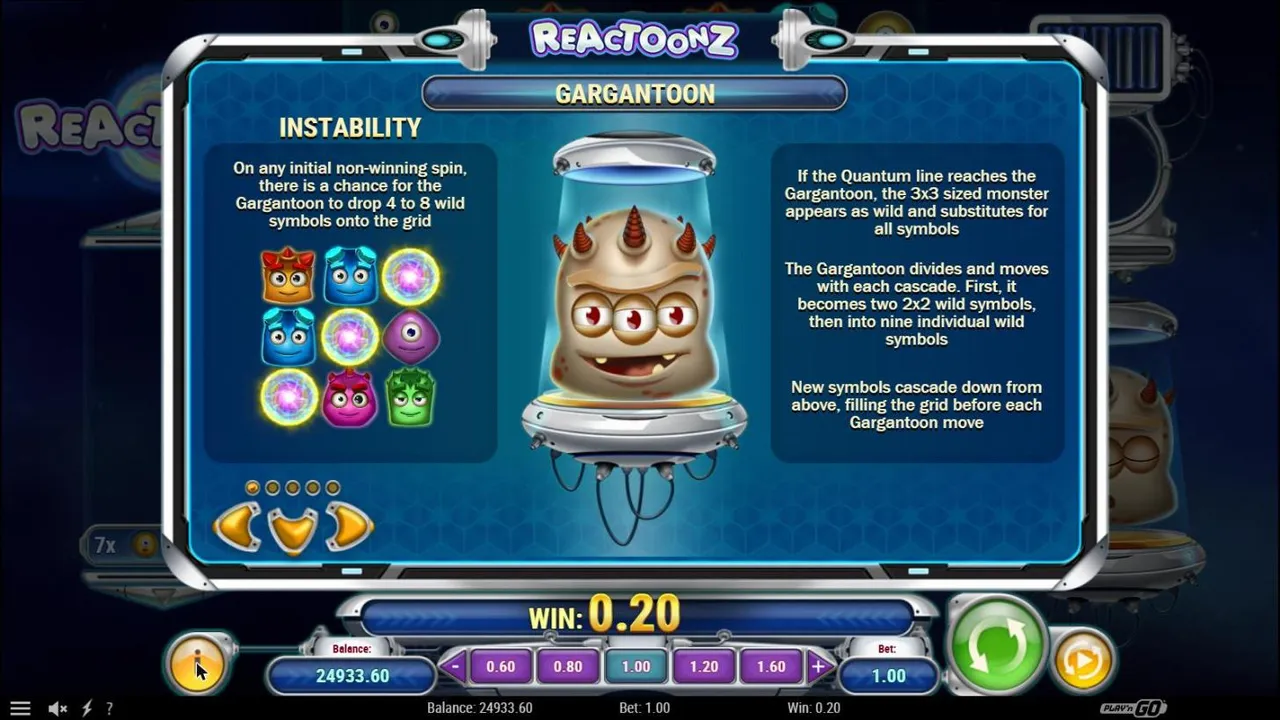 Reactoonz paytable page on the Gargantoon: the three-eyed monster in its capsule, Instability wilds and the 3x3 wild that splits