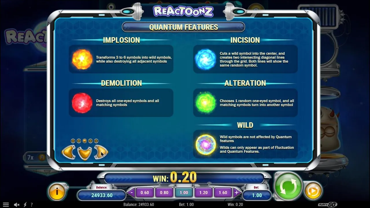Reactoonz paytable page on the Quantum features: Implosion, Incision, Demolition and Alteration orbs, and the swirling wild