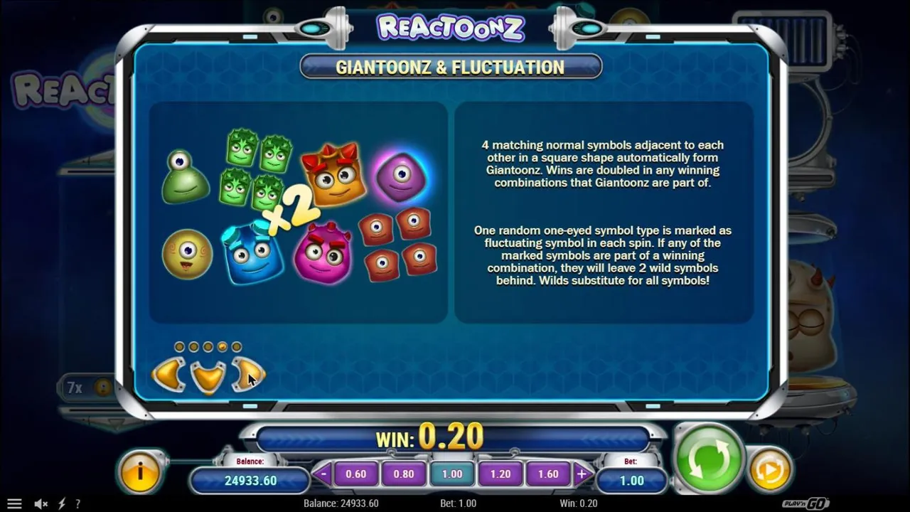 Reactoonz paytable page on Giantoonz and Fluctuation: four green aliens merged into a x2 Giantoon beside marked one-eyed aliens