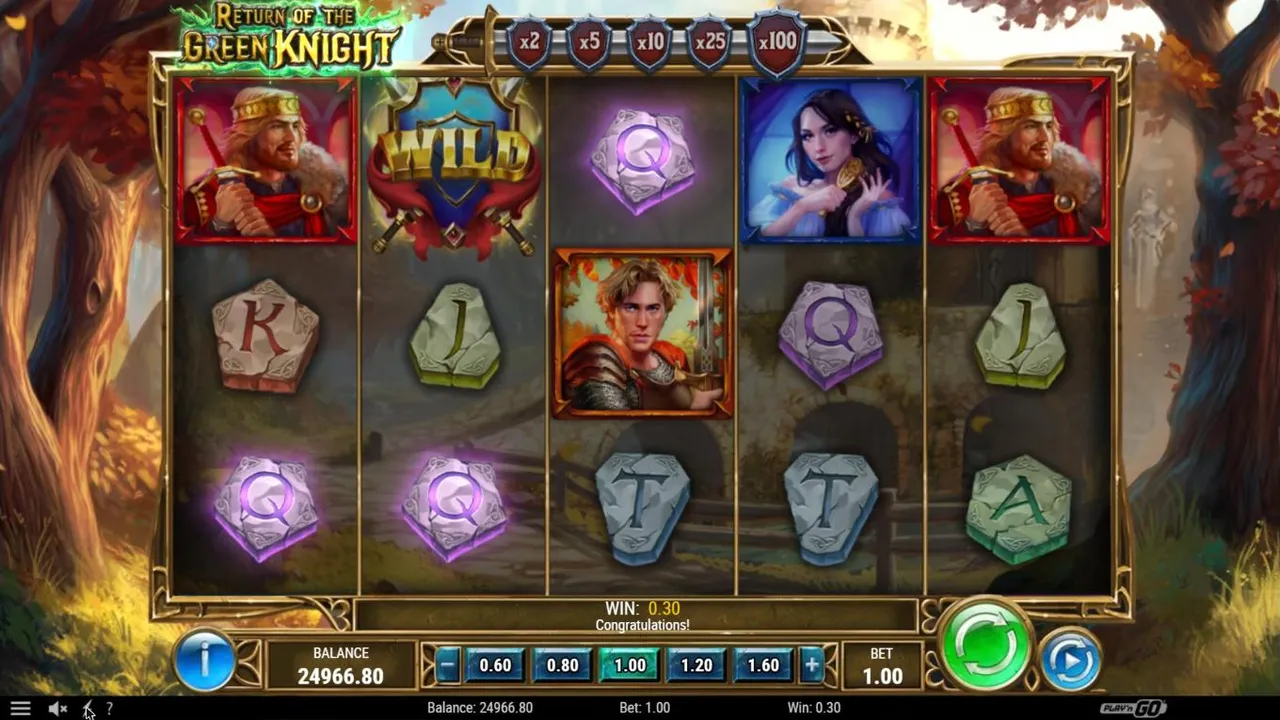 Return of The Green Knight base spin 48 at a $1 bet: a wild on reel 2, the king, the lady and the young knight, shield bar x2 to x100, WIN 0.30