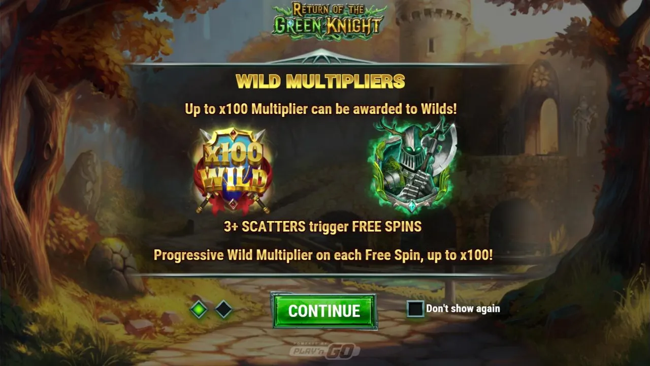 Return of The Green Knight intro screen: an x100 wild and the antlered Green Knight scatter, 3 or more scatters trigger the free spins