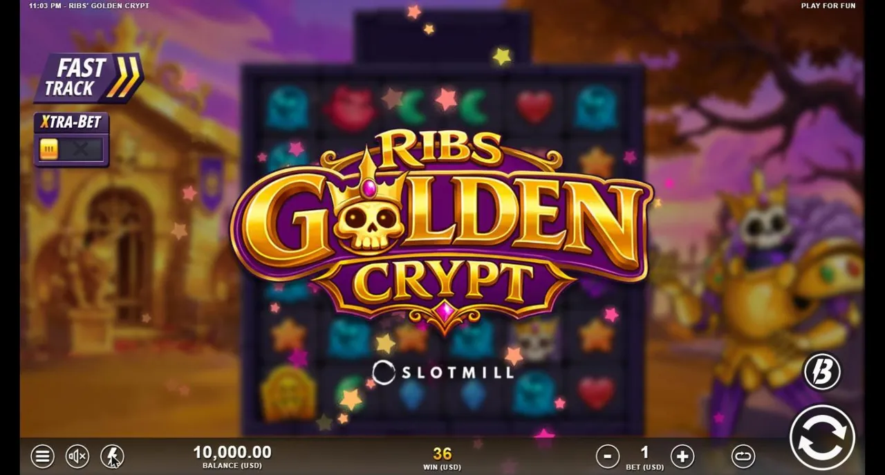Ribs' Golden Crypt base spin 77 at a $1 bet, settled: the golden logo over the grid, WIN 36 and balance 10,000.00 after Multiplier Meteors