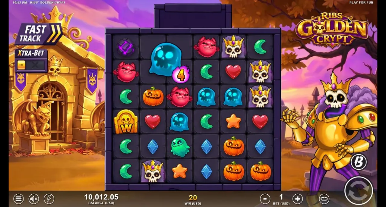 Ribs' Golden Crypt base spin 9 at a $1 bet, settled: a giant blue skull ghost with a 4 multiplier, a Wild, WIN 20 and balance 10,012.05