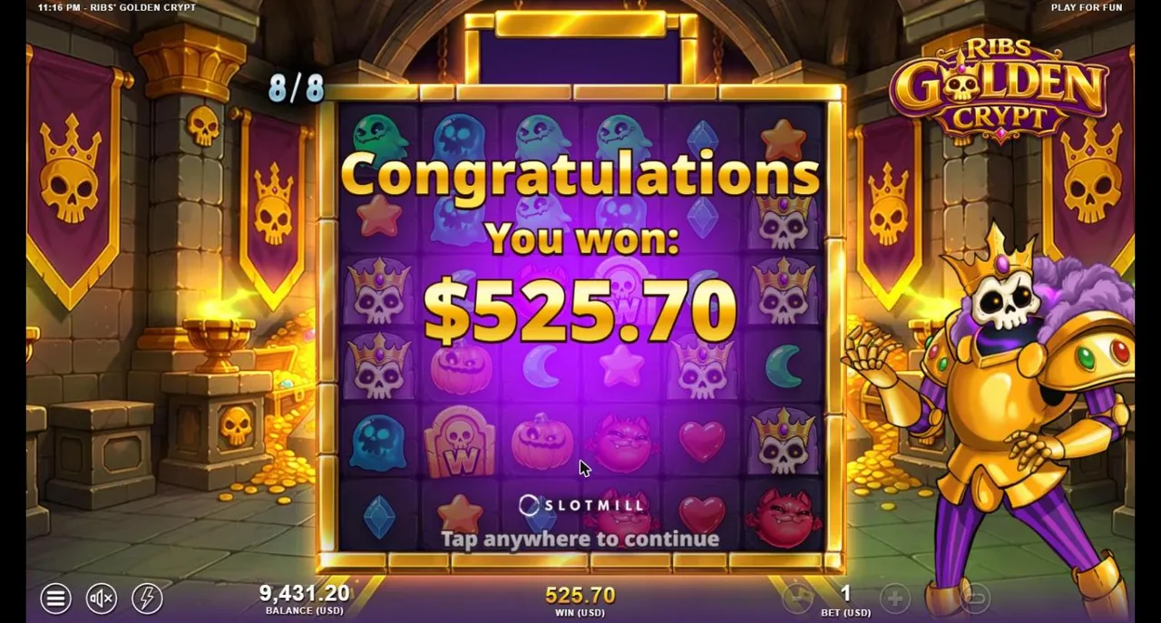 Ribs' Golden Crypt end of the Super Mode free spins from the $250 Gamble buy: Congratulations, You won $525.70, 8 of 8 spins, WIN 525.70