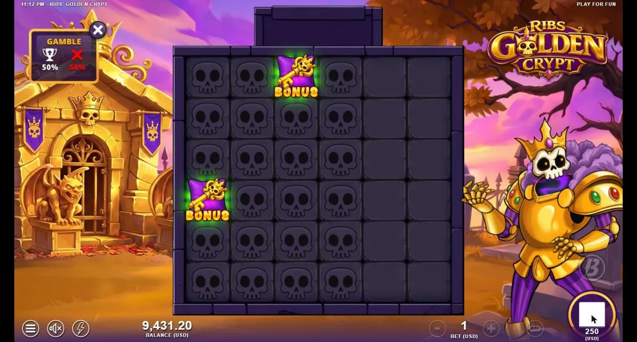 Ribs' Golden Crypt Gamble buy for $250: the grid turned to skulls with two Bonus keys landing, the GAMBLE badge showing 50% and 50%