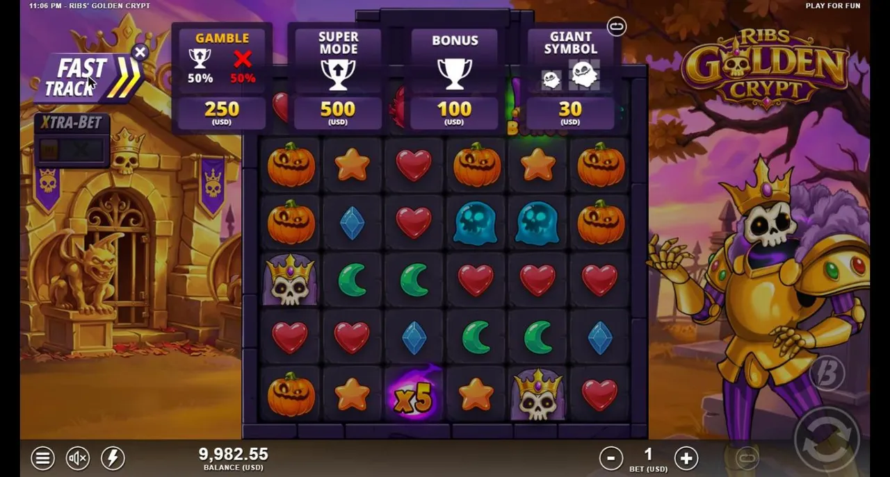 Ribs' Golden Crypt Fast Track menu at a $1 bet: Gamble 50% or 50% for 250, Super Mode 500, Bonus 100 and Giant Symbol 30, balance 9,982.55