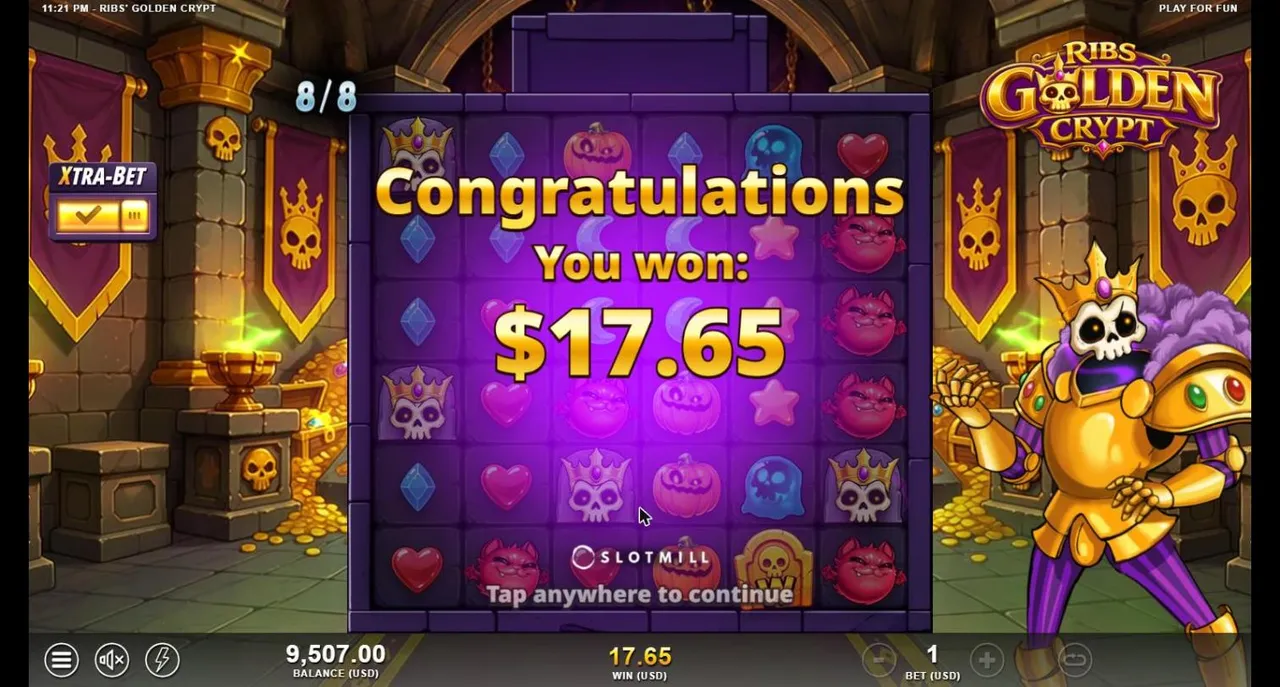 Ribs' Golden Crypt free spins from the first Xtra-Bet spin at $1.50: Congratulations, You won $17.65 after 8 of 8 spins, Xtra-Bet on
