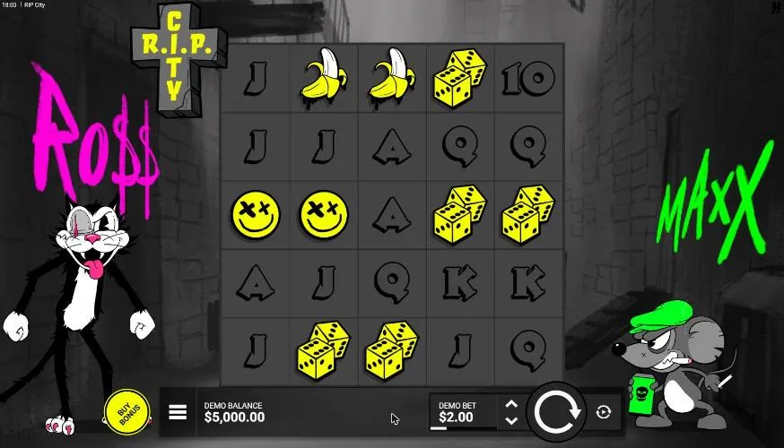 RIP City base game at the opening $2.00 demo bet: a 5x5 grid of graffiti letters, bananas, smileys and dice, Ro$$ the cat and Maxx the mouse