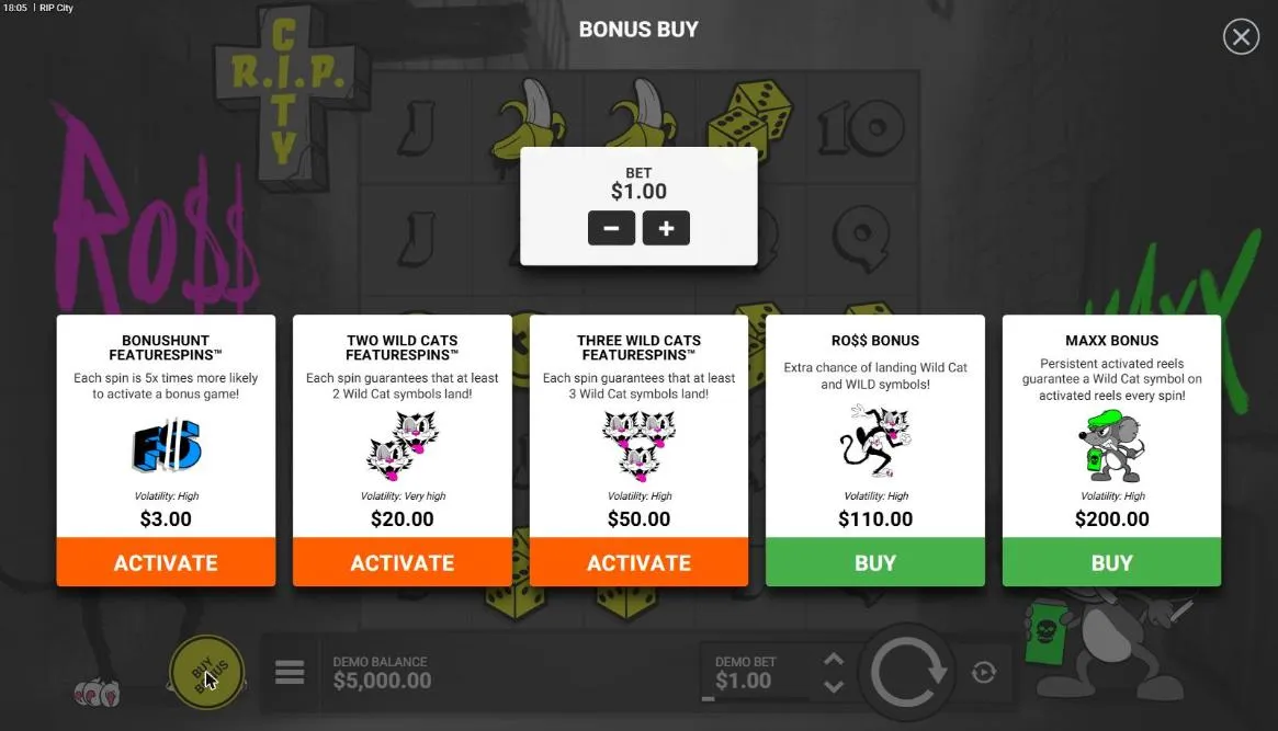 RIP City buy menu at a $1 bet: BonusHunt $3, Two Wild Cats $20, Three Wild Cats $50, Ro$$ Bonus $110 and Maxx Bonus $200