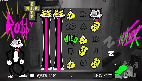 RIP City Ro$$ Bonus from our $110 buy: two Wild Cats stretched down reels 1 and 2 beside a green WILD, Maxx asleep, TOTAL WIN $77.80