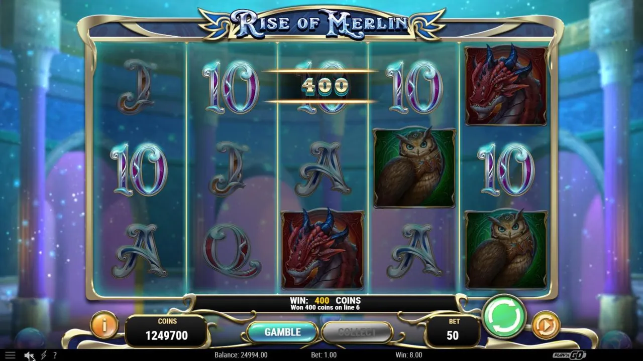Rise of Merlin base spin 7 at a $1 bet before collect: 400 coins on line 6 with 10s, owls and red dragons, GAMBLE and COLLECT below