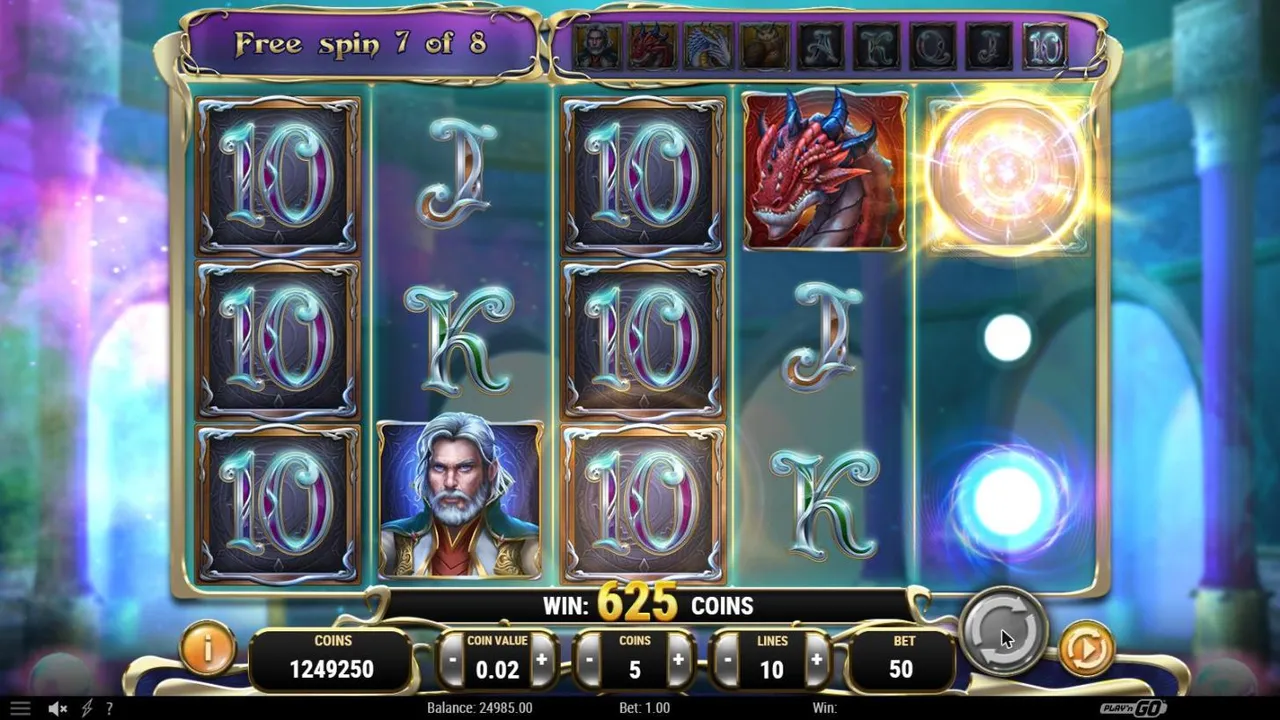Rise of Merlin free spin 7 of 8 at a $1 bet: the 10 expanded over reels 1 and 3, the symbol bar above, the win counter still running