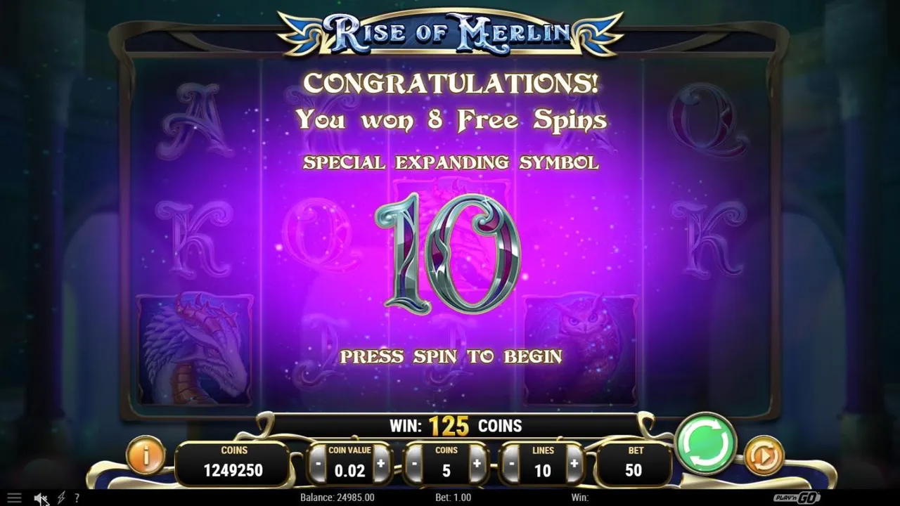 Rise of Merlin free spins award after spin 30 at a $1 bet: You won 8 Free Spins, the 10 as special expanding symbol, WIN 125 COINS