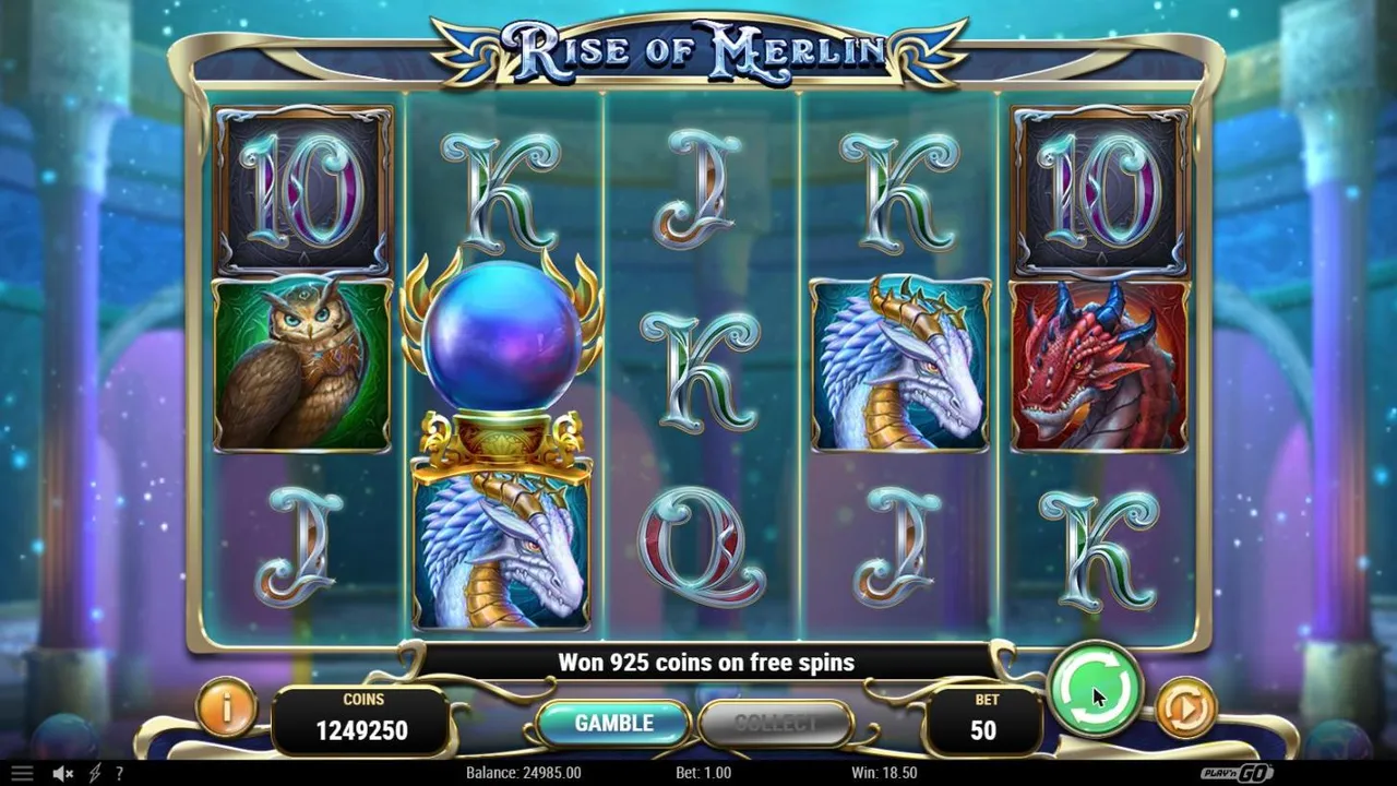 Rise of Merlin end of the free spins from spin 30 at a $1 bet: Won 925 coins on free spins, Win 18.50, GAMBLE and COLLECT offered