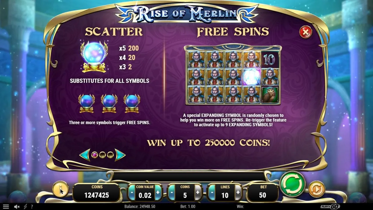 Rise of Merlin paytable page 1: the crystal ball scatter paying 200, 20 and 2, free spins with up to 9 expanding symbols and the coin cap