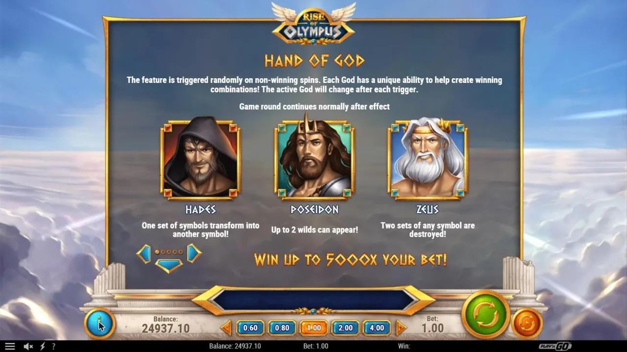 Rise of Olympus paytable page 1: the Hand of God abilities of Hades, Poseidon and Zeus and the line Win up to 5000x your bet