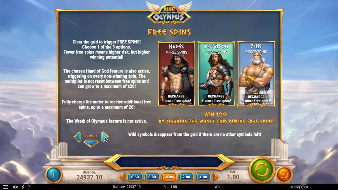 Rise of Olympus paytable page 3: free spins with Hades 4, Poseidon 5 or Zeus 8, the x20 multiplier and 100 for clearing the grid