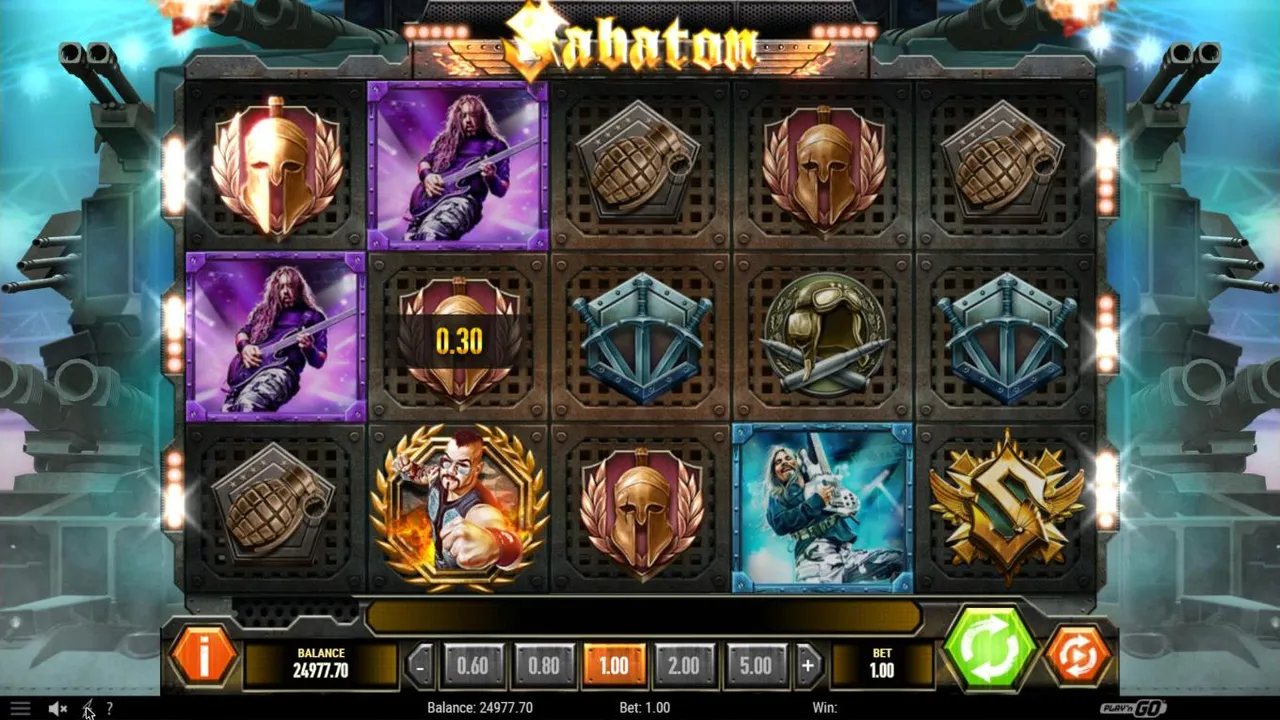 Sabaton main game at a $1 bet between spins 44 and 45: helmets, grenades, shields, two purple guitarists, Joakim and the winged S scatter