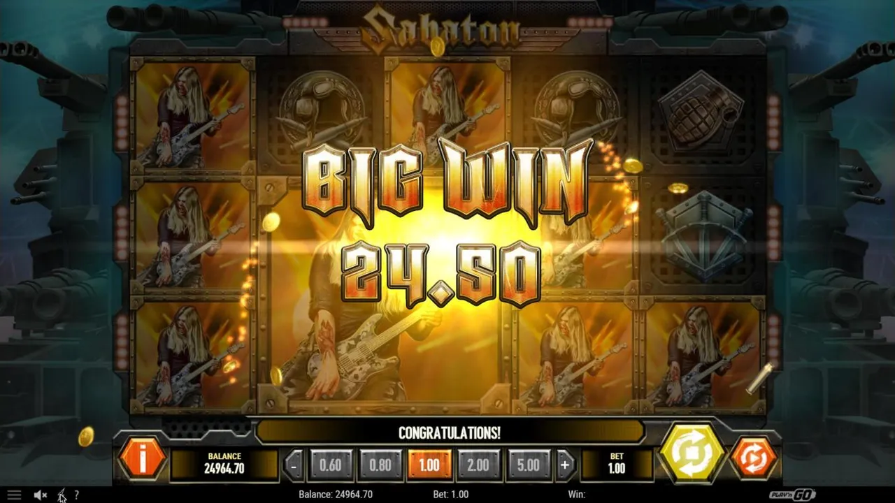 Sabaton base spin 58 at a $1 bet: the gold guitarist stacked over most reels with a 3x3 Mega Symbol in the middle, BIG WIN 24.50