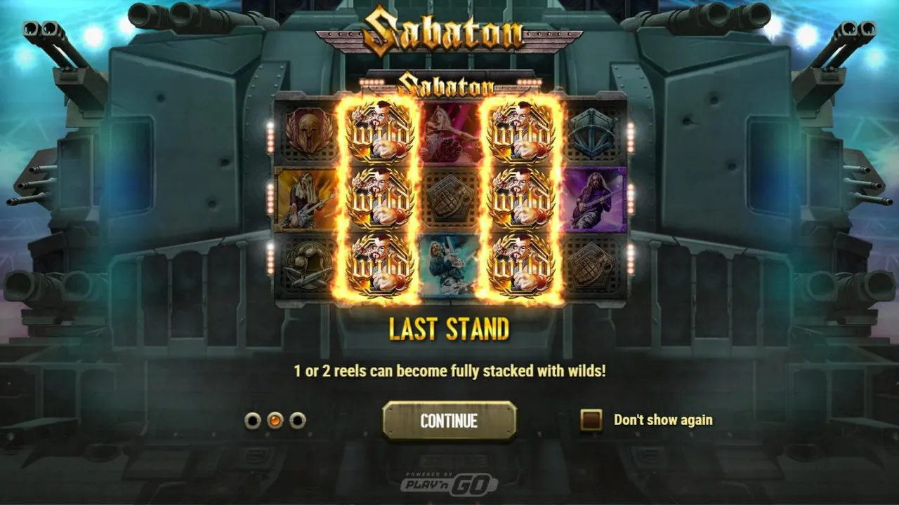 Sabaton intro screen for Last Stand: reels 2 and 4 fully stacked with Joakim wilds, 1 or 2 reels can become fully stacked with wilds