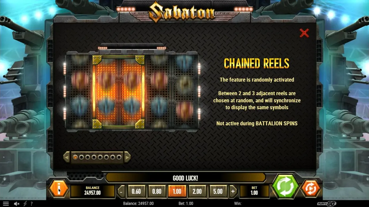 Sabaton Chained Reels paytable page: two adjacent reels linked in a gold frame, 2 to 3 reels synchronise, not active in Battalion Spins