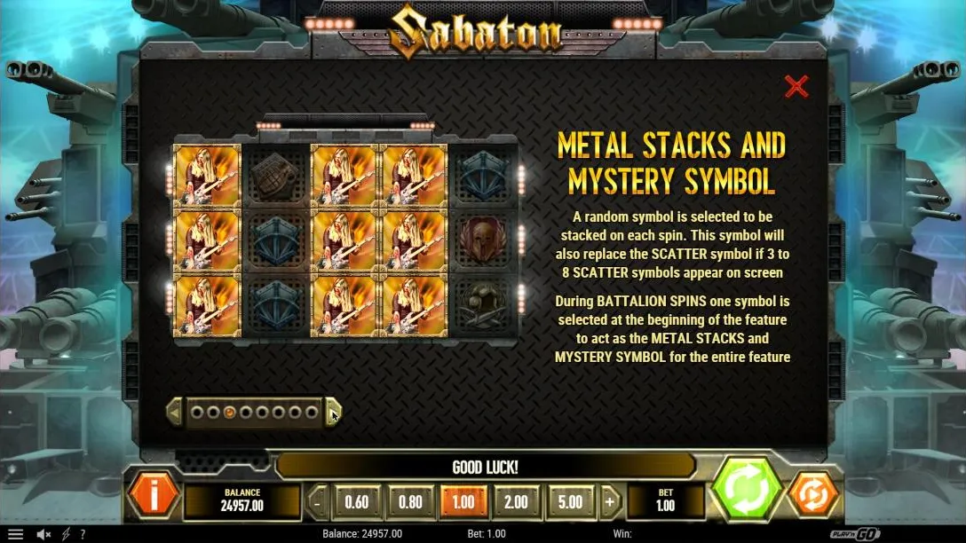 Sabaton Metal Stacks and Mystery Symbol paytable page: the gold guitarist stacked on three reels, one random symbol stacked each spin
