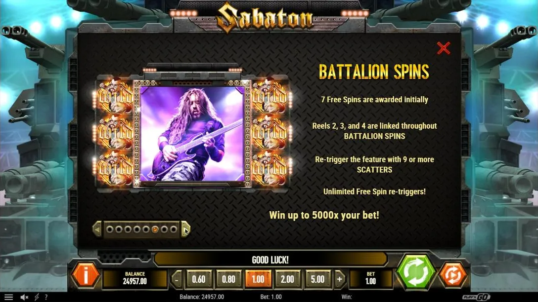 Sabaton Battalion Spins paytable page: a mega purple guitarist on the linked middle reels, 7 free spins and up to 5000x your bet