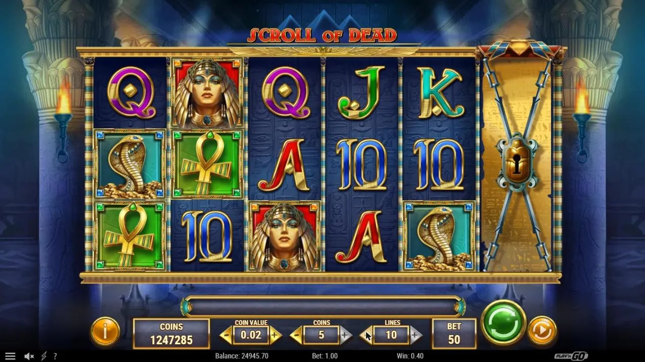 Scroll of Dead base game at a $1 bet after the last collect: five reels of queens, cobras and ankhs, the sixth reel chained and locked