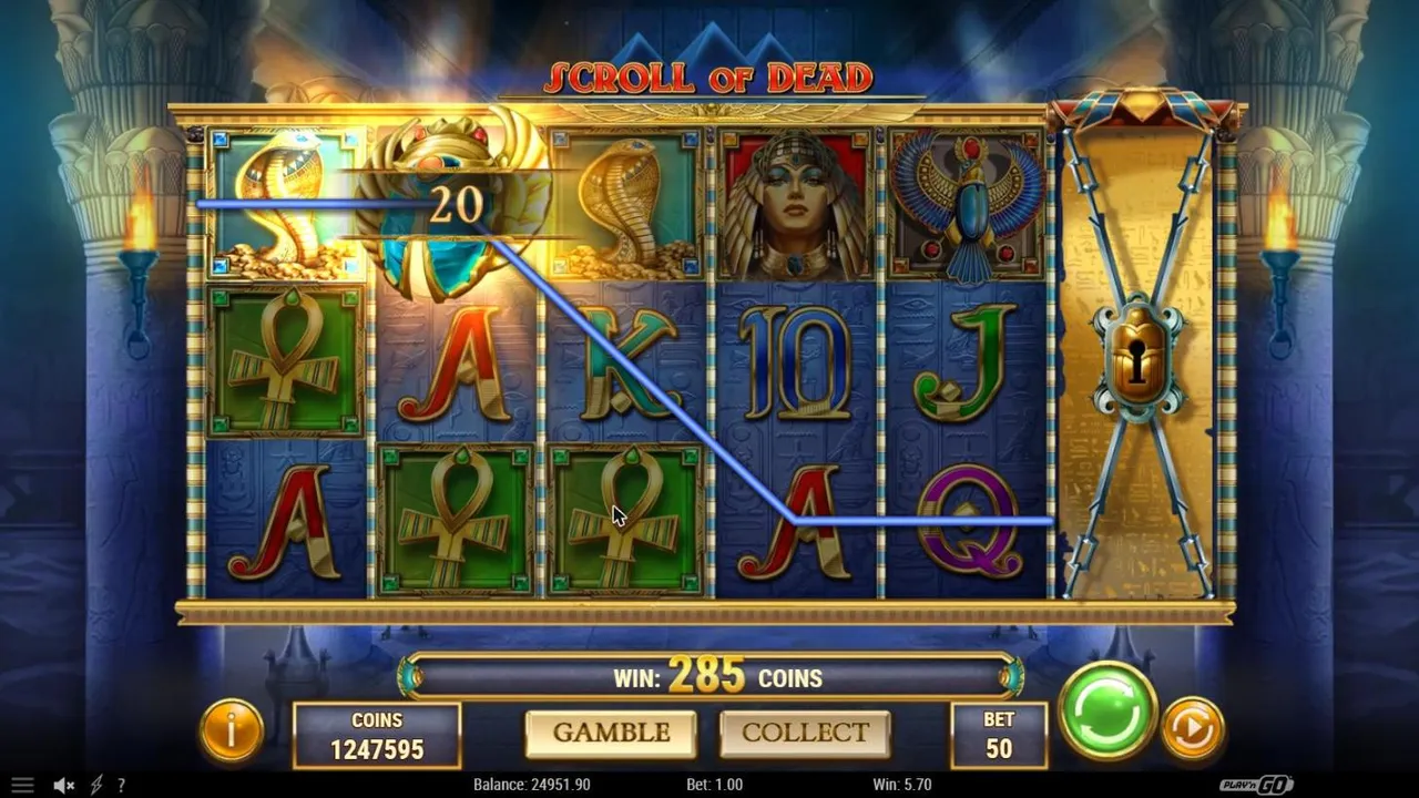 Scroll of Dead spin 71 at a $1 bet before collect: a scarab wild between two cobras on the top row, WIN 285 COINS, GAMBLE and COLLECT