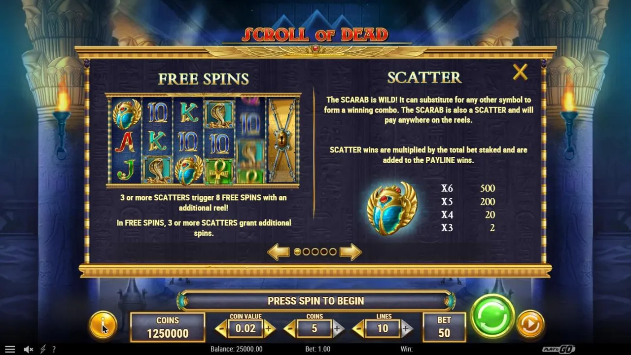 Scroll of Dead paytable page 1: free spins with an extra reel and the golden scarab WILD SCATTER paying x6 500, x5 200, x4 20, x3 2