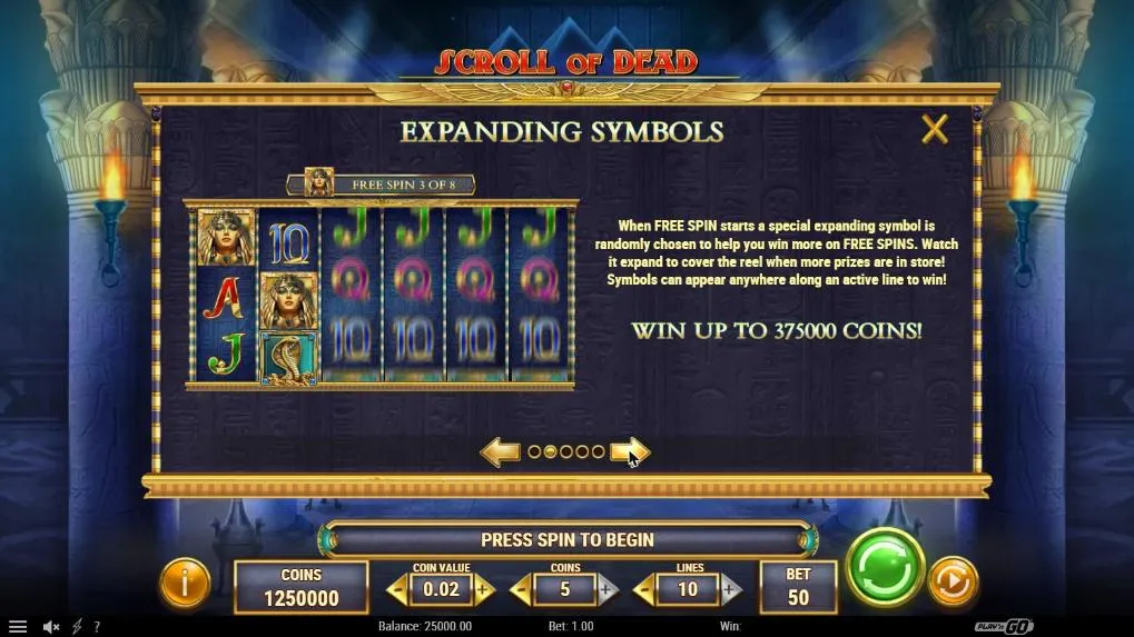 Scroll of Dead paytable page 2: the special expanding symbol in free spins and WIN UP TO 375000 COINS across six reels