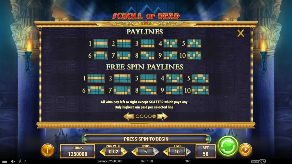 Scroll of Dead paytable page 5: the 10 base-game paylines on five reels and the 10 free-spin paylines on all six reels