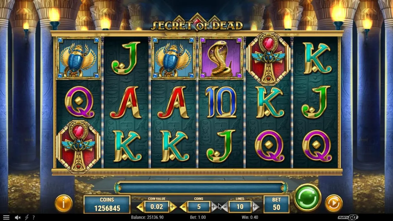 Secret of Dead base game at a $1 bet after the last collect: six reels in a temple hall with two Ankhs, a scarab and a cobra