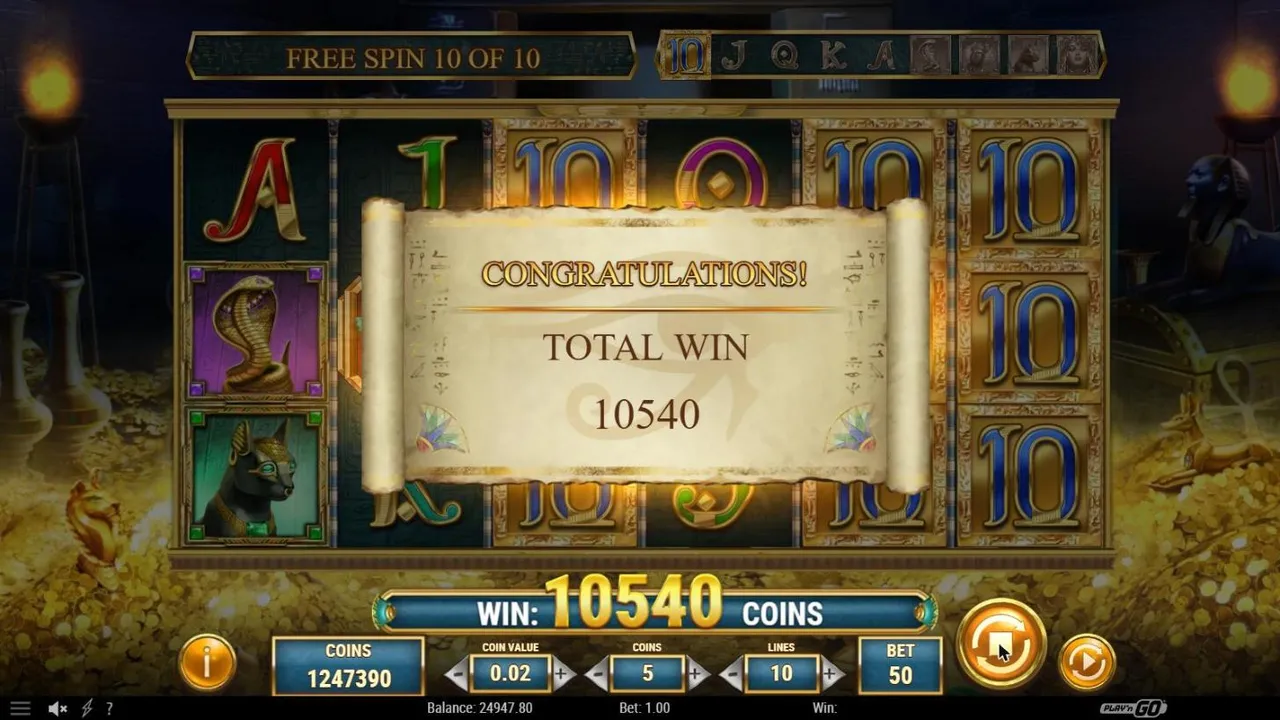 Secret of Dead end of the free spins from spin 75 at a $1 bet: CONGRATULATIONS, TOTAL WIN 10540 coins, expanded 10s on the reels