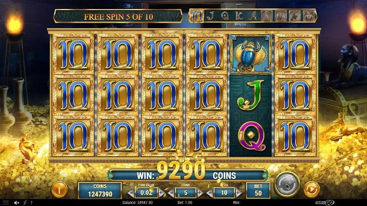 Secret of Dead free spin 5 of 10 at a $1 bet: an expanded 10 covering five of the six reels, the win counter still running