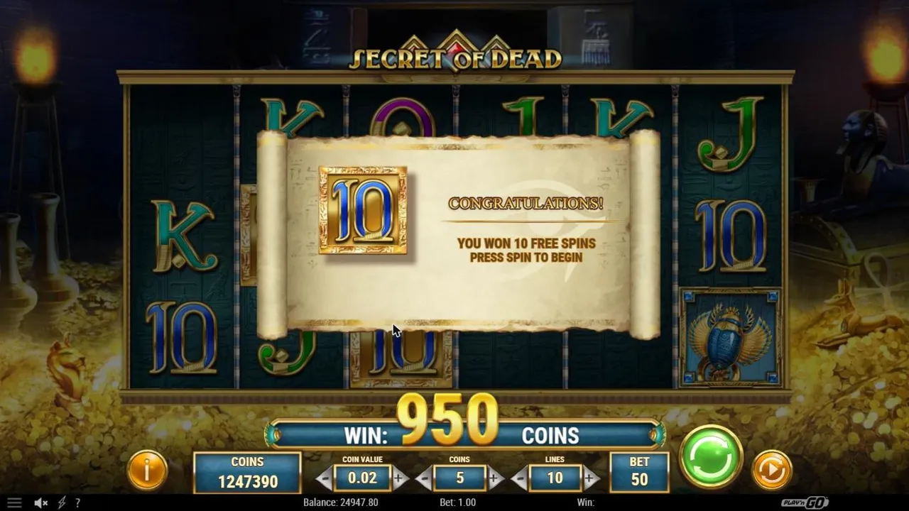 Secret of Dead free spins award after spin 75 at a $1 bet: You won 10 free spins, the 10 as the expanding symbol, WIN 950 COINS