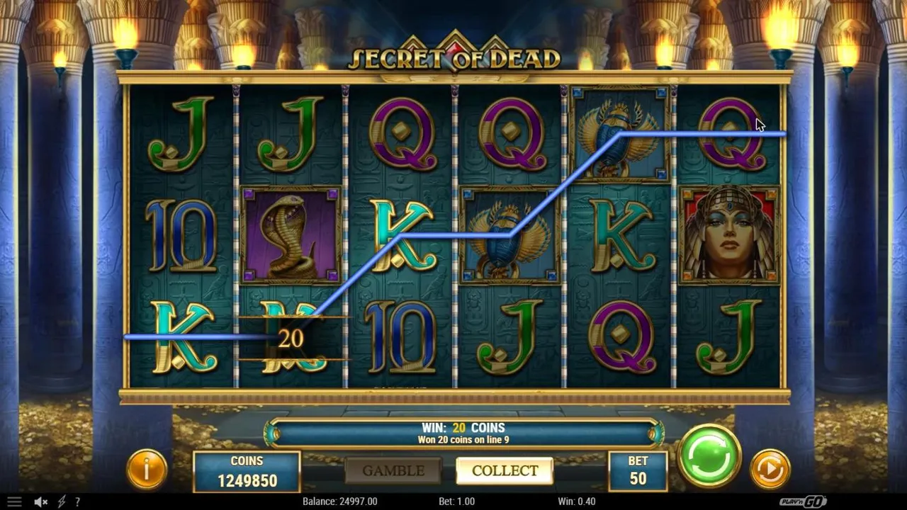 Secret of Dead spin 3 at a $1 bet before collect: three K on line 9 for 20 coins, with the GAMBLE and COLLECT buttons below