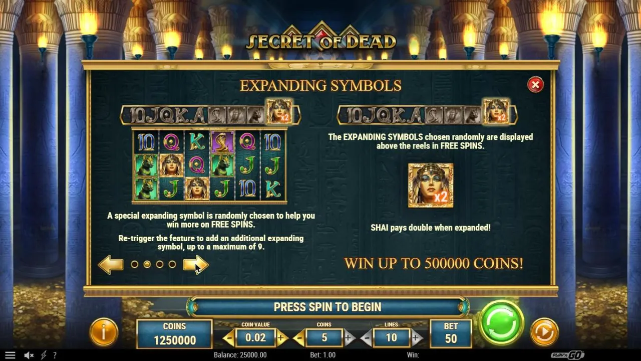 Secret of Dead expanding symbols paytable page: the bar of nine candidates, an example board, up to 9 in play and Shai at x2