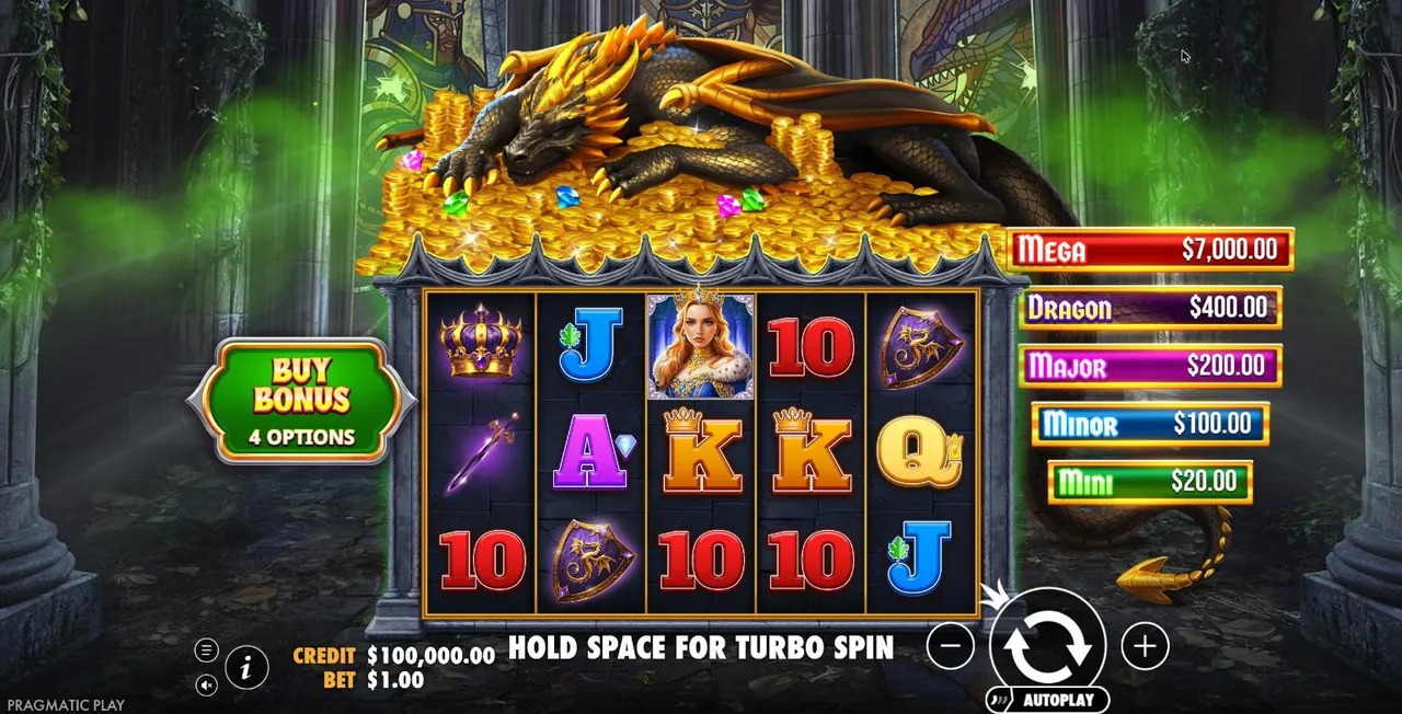 Sleeping Dragon Ultra Dark base game at a $1 bet: the dragon asleep above the 5x3 reels and the jackpot ladder on the right