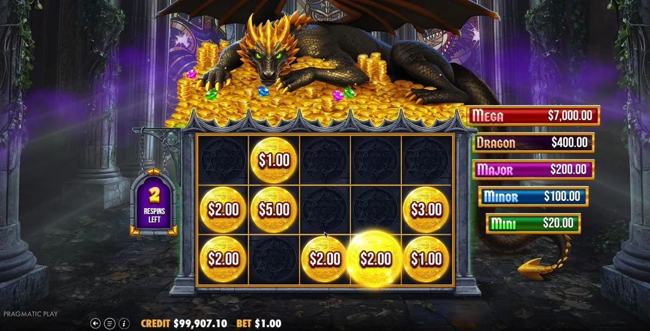 The Sleeping Dragon Ultra Dark Respin Bonus from the base game, with gold coins worth $1 to $5 held on the grid and two respins left