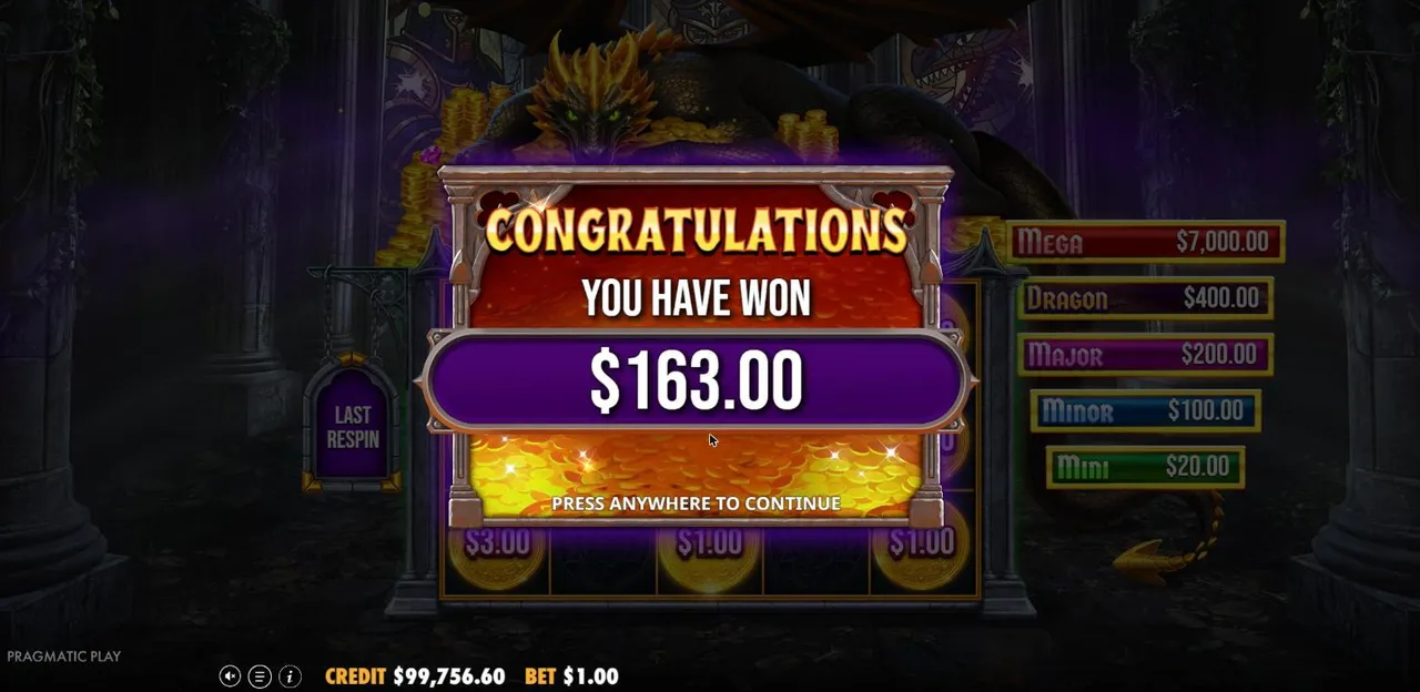 Sleeping Dragon Ultra Dark result screen after the Super Respin Bonus, showing $163 won
