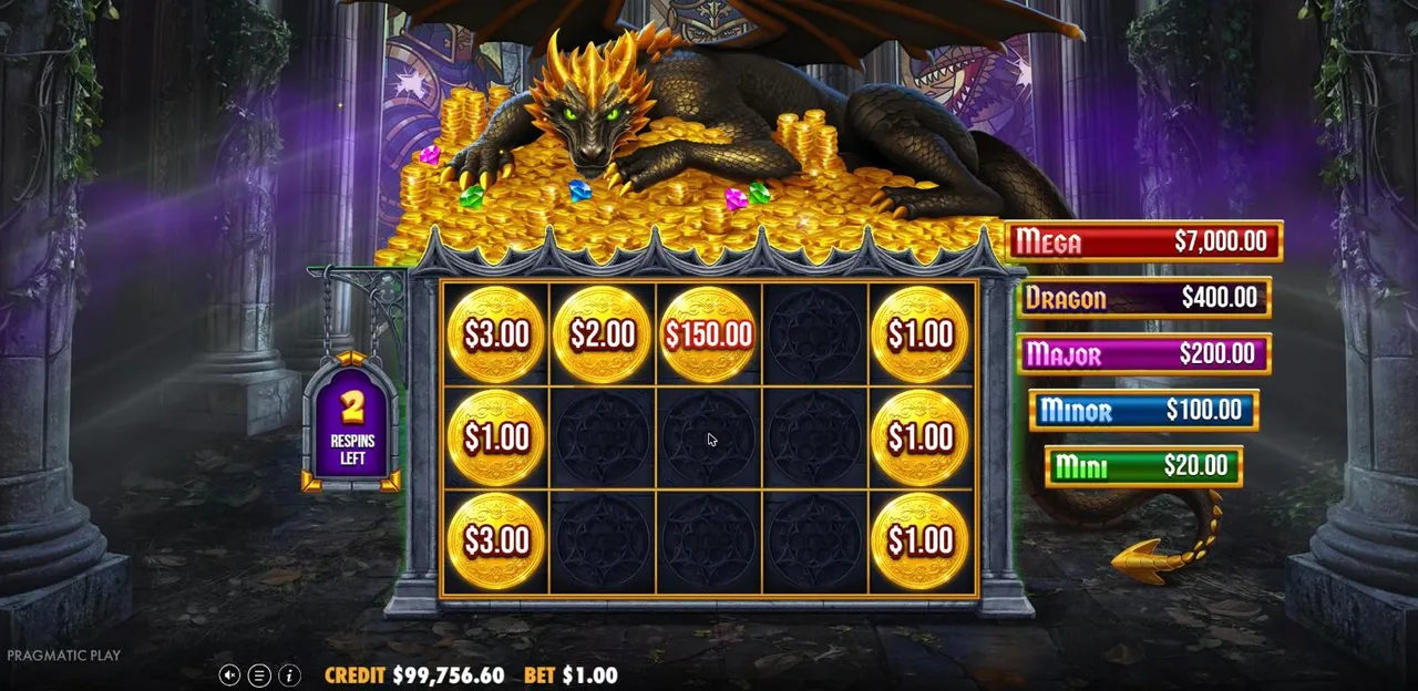 Super Respin Bonus in Sleeping Dragon Ultra Dark: a $150 coin landed beside $1 to $3 coins on reels 1 and 5, with two respins left