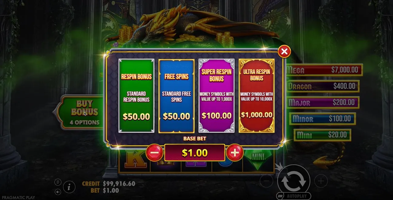 Sleeping Dragon Ultra Dark Buy Bonus menu at a $1 bet: four options from the $50 Respin Bonus to the $1,000 Ultra Respin Bonus