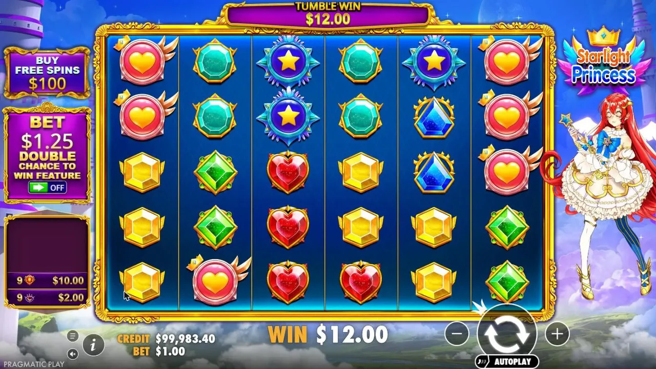 Starlight Princess spin 30 at a $1 bet, settled: TUMBLE WIN $12.00 over gems and stars, the win list showing 9 suns $10.00 and 9 moons $2.00